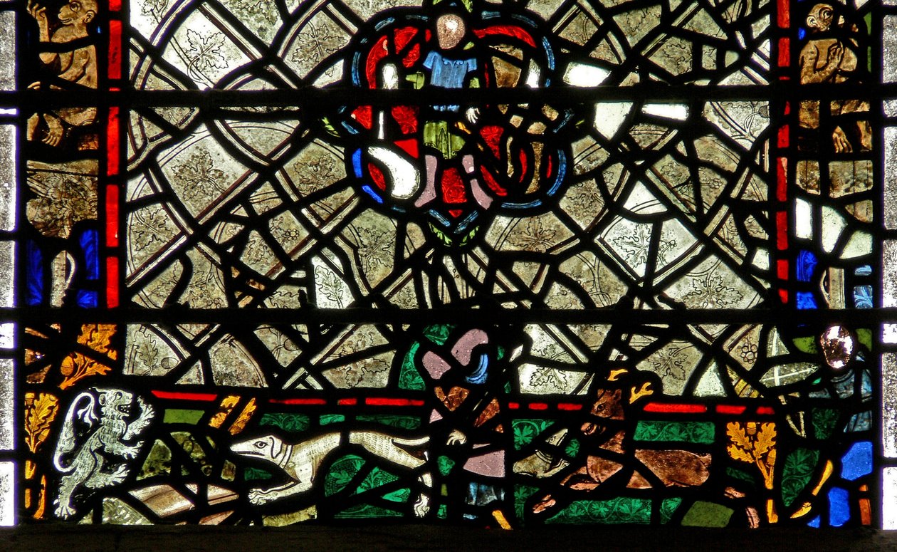 Window w40 depicting a border panel with stag chasing by English School