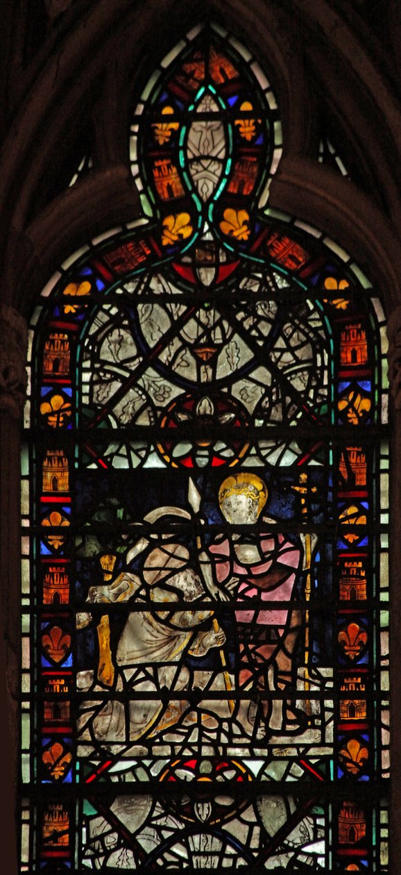 Window W58 depicting the doubting St Thomas; grisaille and border by English School