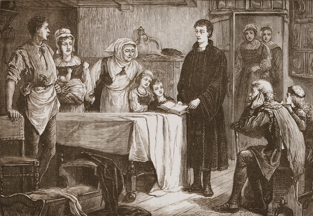 Young Calvin Expounding the Bible to a Family at Bourges by English School