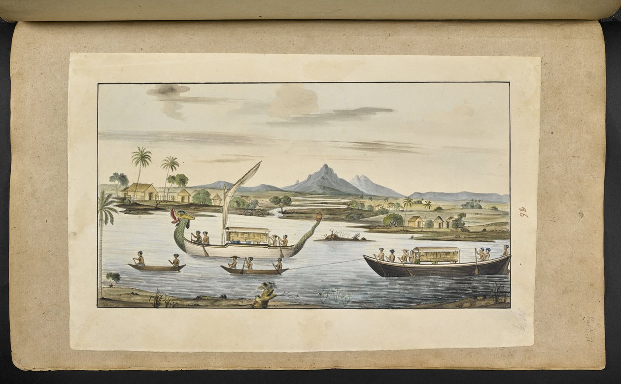 River scene in Java with boats, including a dragon-headed boat by English School