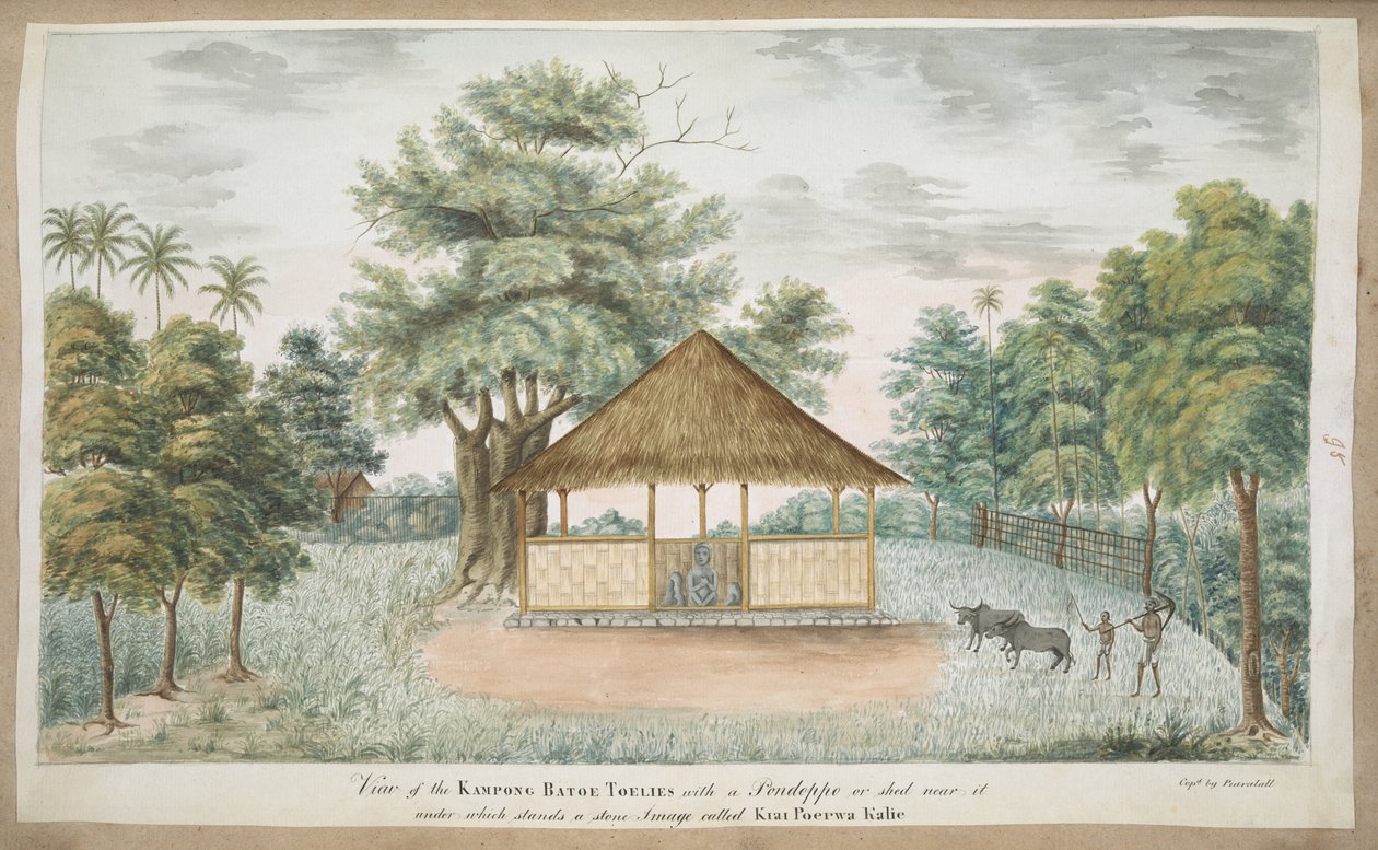 The statue of Kiay Poerwakali in a thatched shed outside the village of Batu Tulis (W. Java) by English School