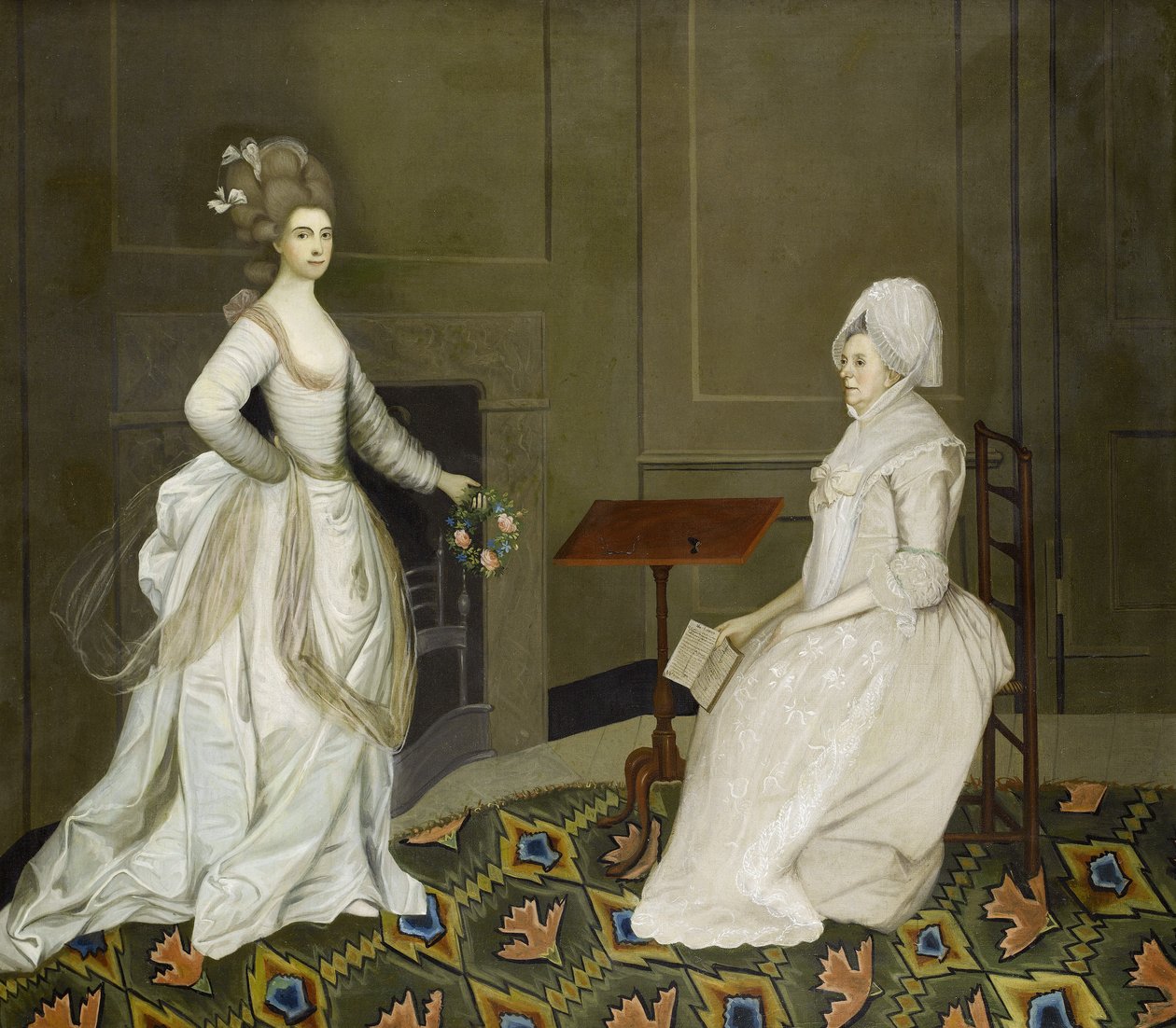 Two Ladies in an Interior, One Reading, the Other Holding a Garland of Flowers by English School, 18th Century