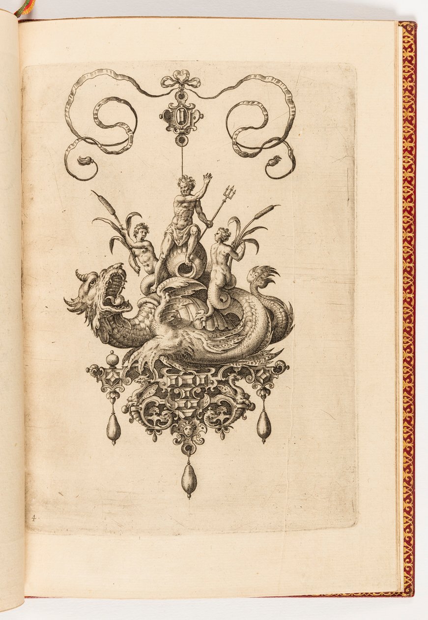 Print, Plate 4, from Bullarum Inaurium etc. Archetypi Artificiosi Pars Altera (Pendants, Earrings, etc. Designs of the Most Skillful Nature, Part Two) by Engraved by Adriaen Collaert