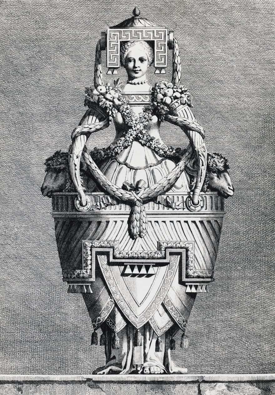 Anthropomorphic vase, Greek bride, engraving from Mascarade la Grecque, Suite des Vases and Cheminees, Parma by Ennemond Alexandre (after) Petitot