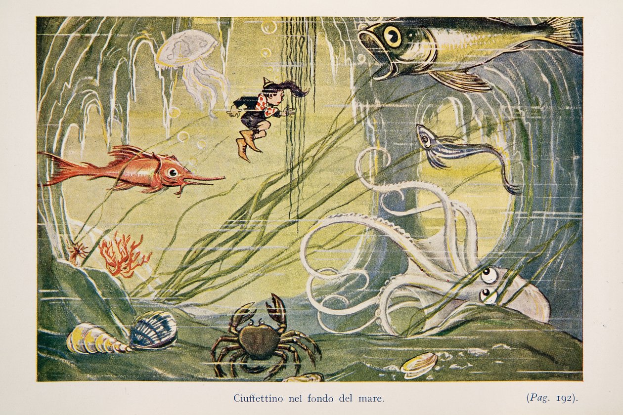 Ciuffettino on the Seabed, Illustration from Le Avventure di Ciuffettino by Enrico de Conti Novelli