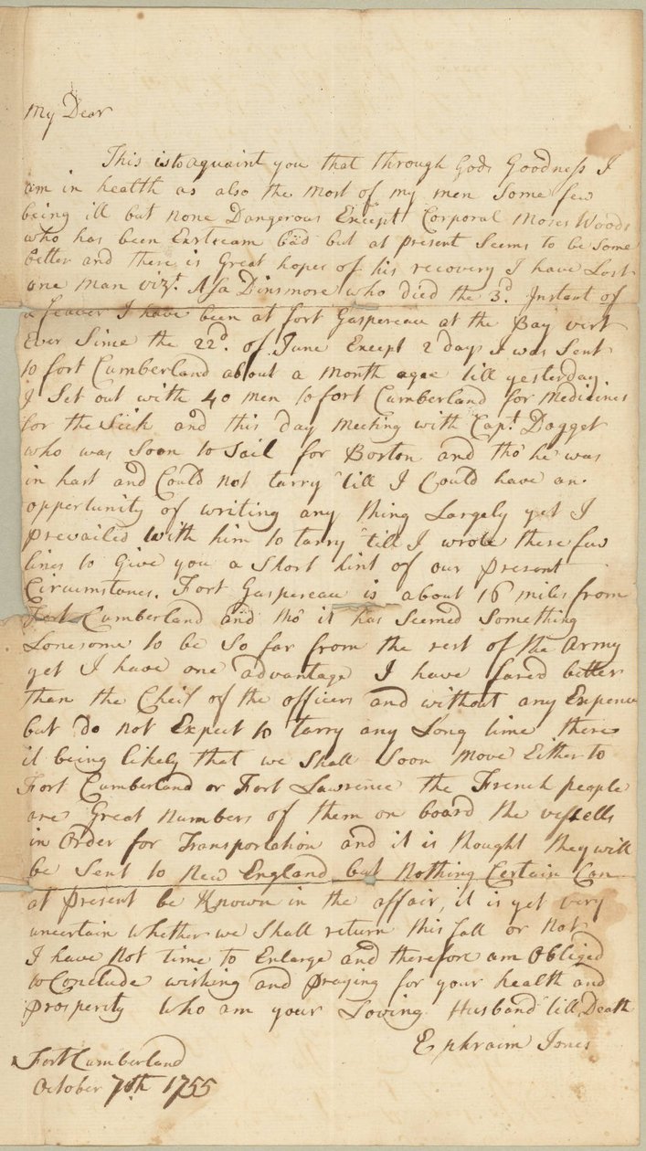 Letter to Allice Jones, Concord, Massachusetts, 7 October 1755 by Ephraim Jones