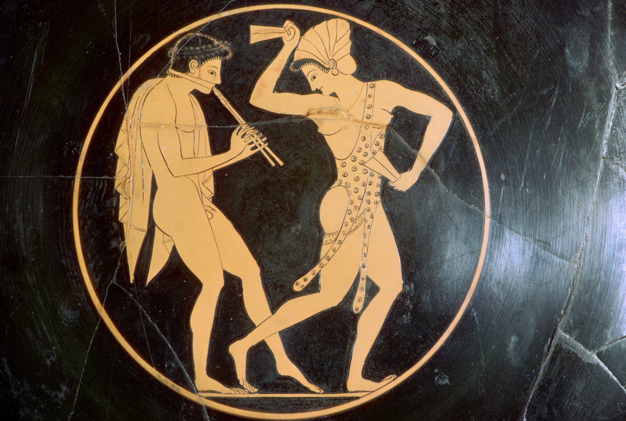Vase-painting of a youth playing the flute and a woman dancing, 6th century BC by Epikektos
