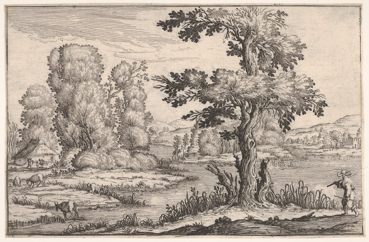 Landscape with Goats Grazing Near a River and a Figure in the Right Foreground, 1638 by Ercole Bazicaluva