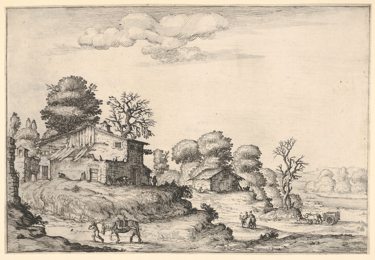 Landscape with Peasant Dwellings and a Man Leading a Horse in the Left Foreground by Ercole Bazicaluva