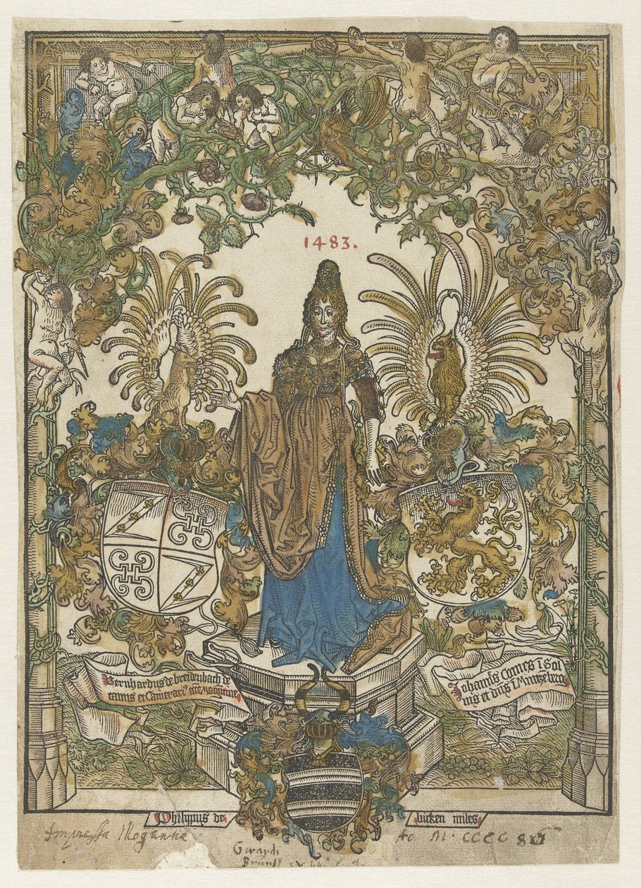 Frontispiece with Woman on Pedestal with Arms of Bernhard von Breydenbach and Johannes Comes in Frame by Erhard Reuwich