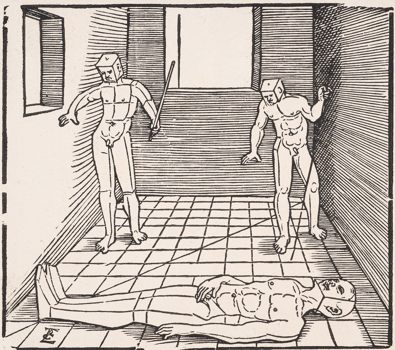 Three Male Figures in a Room from: Unnderweissung der Proportzion by Erhard Schon