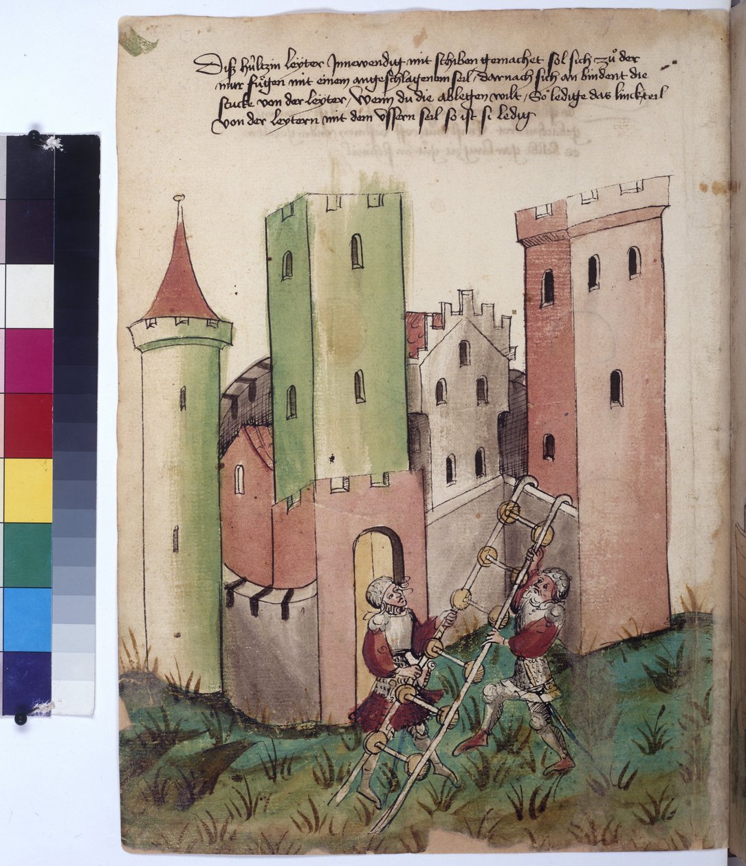 Castle and Instructions for Using a Ladder with Wheeled Treads, c.1430 by Erich Lessing