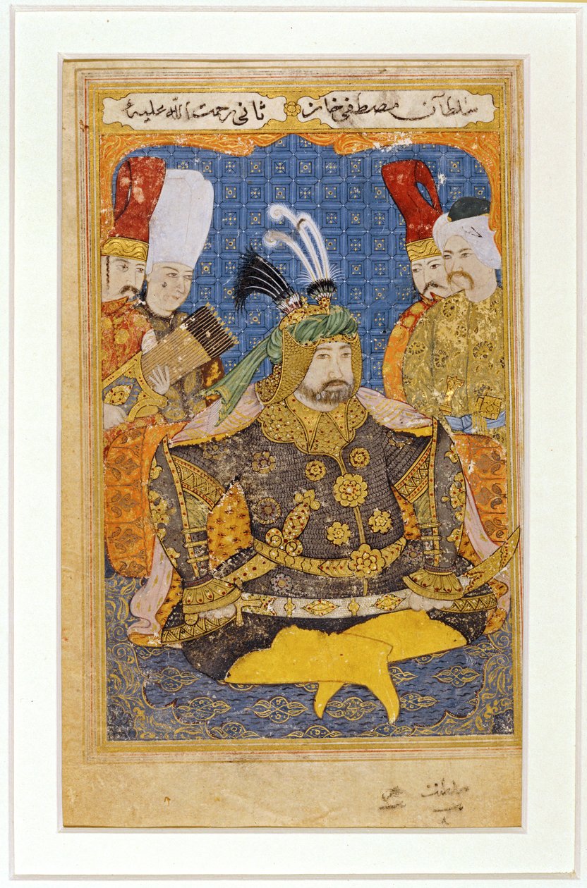 Mustafa II in armour, page of an album containing portraits of Ottoman ...