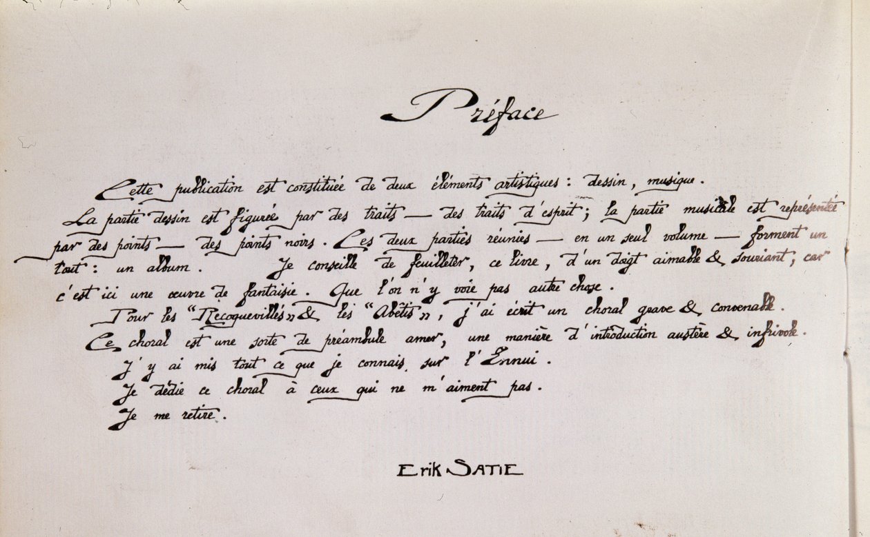 Manuscript Preface Page of Sheet Music with Drawings by Erik Satie