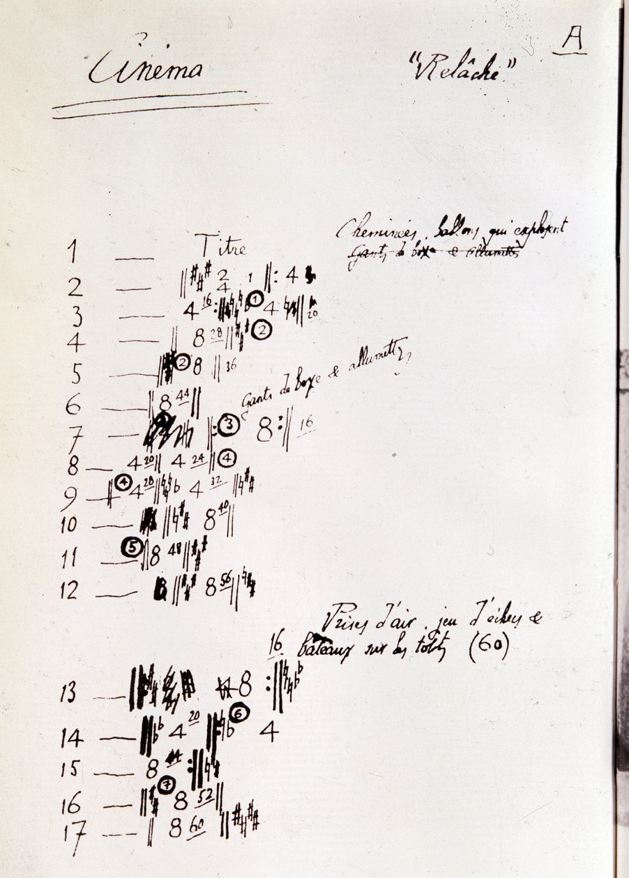 Sheet music page for Relache, ballet in two acts with cinematographic intermission by Erik Satie