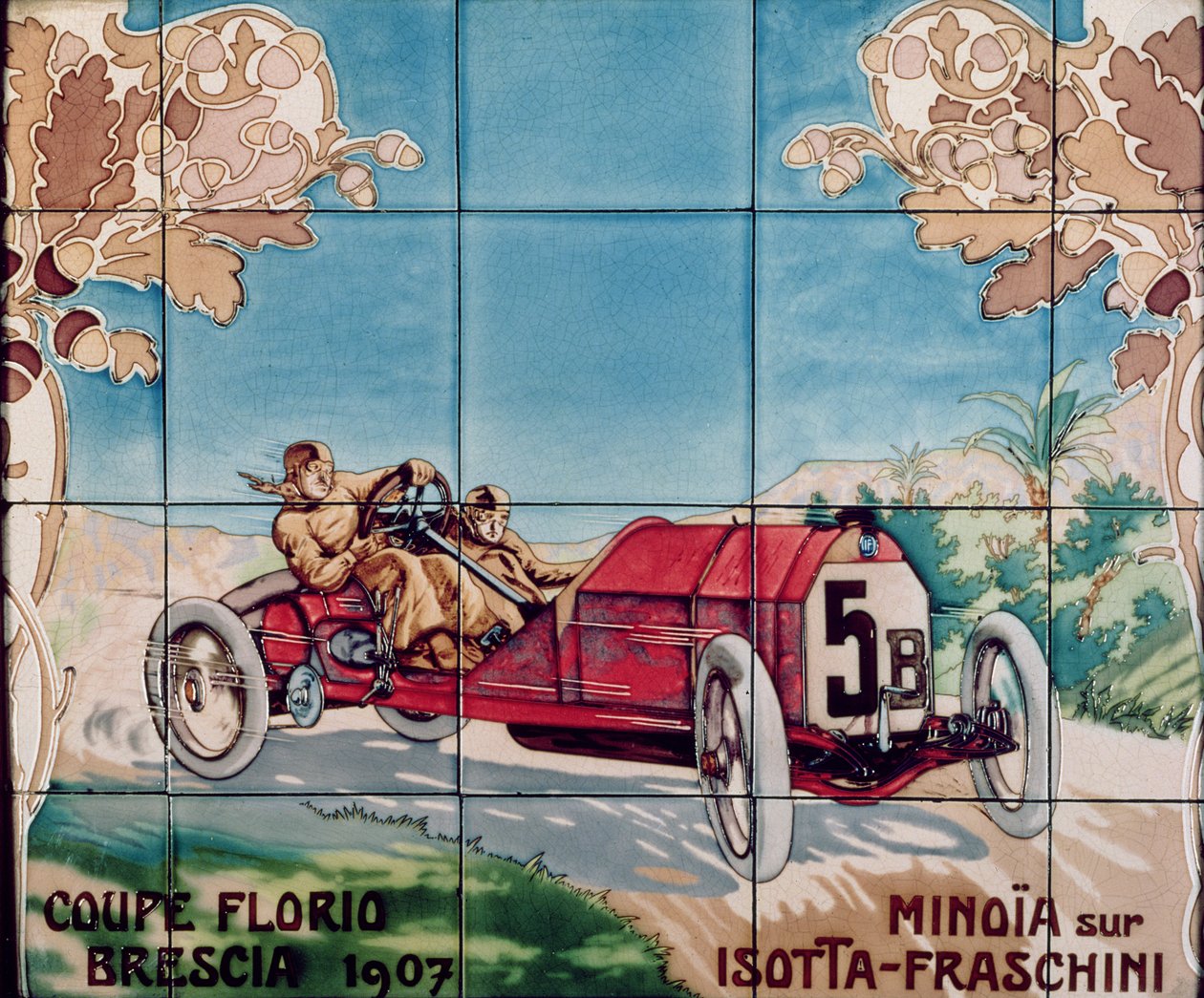 Minoia Driving an Isotta Fraschini Car in the Florio Brescia Cup of 1907: Ceramic Tiles Manufactured by Gilardoni Fils et Cie of Paris, after a Drawing by Ernest Montaut, 1908-10 by Ernest Montaut