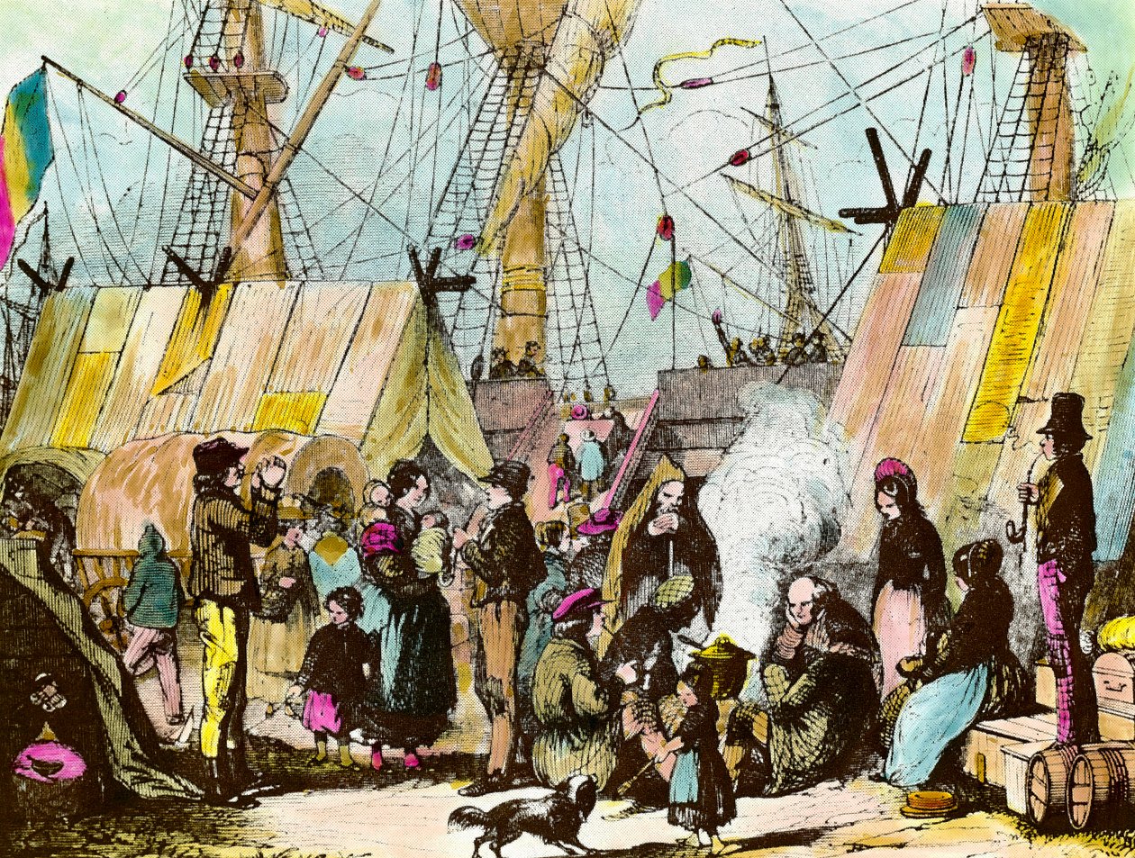 Families of emigrants camped at the port of Le Havre. Engraving by Ernest Charton (1813-1905) by Ernest Charton
