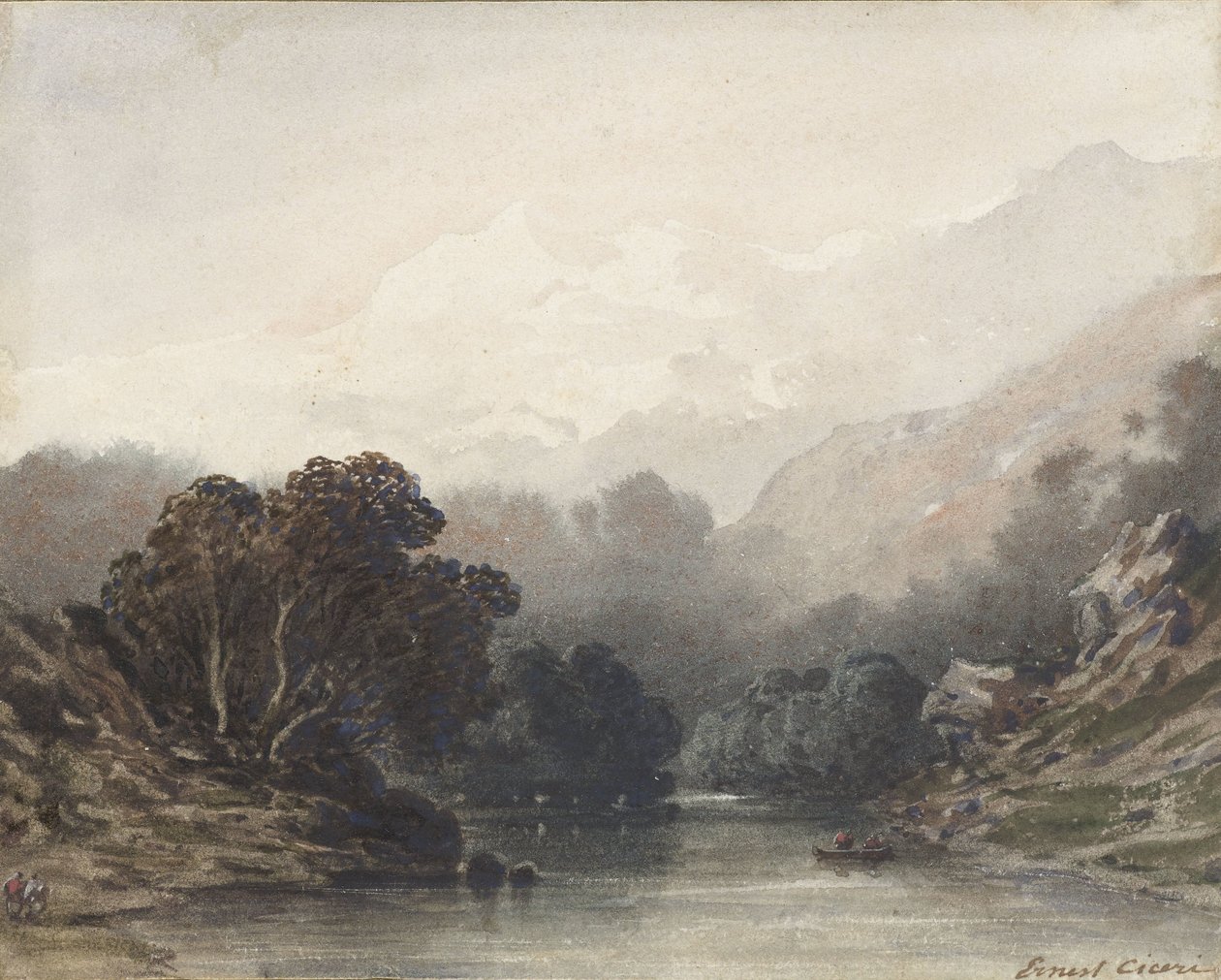 Mountain Lake in the Shadow of Dark Trees, with Light Hills and Snow Peaks Behind by Ernest Cicéri