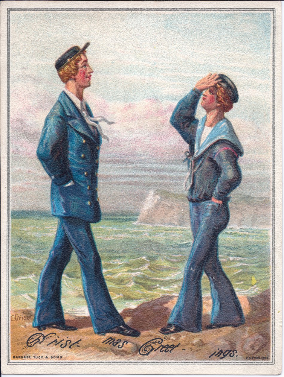 A Victorian Christmas Card of Two Sailors Walking by the Ocean by Ernest Henry Griset