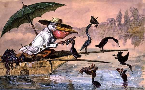 Cormorants presenting fish to a pelican in a punt under an umbrella from 