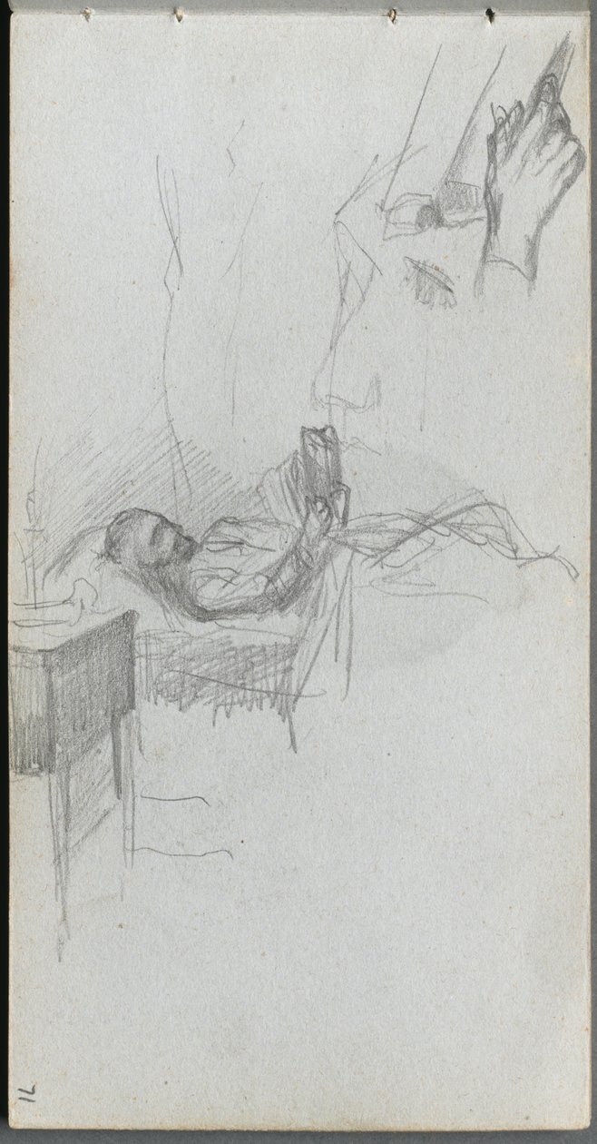 Sketchbook, Page 71: Study of a Figure Reading in Bed, Study of a Hand by Jean Louis Ernest Meissonier