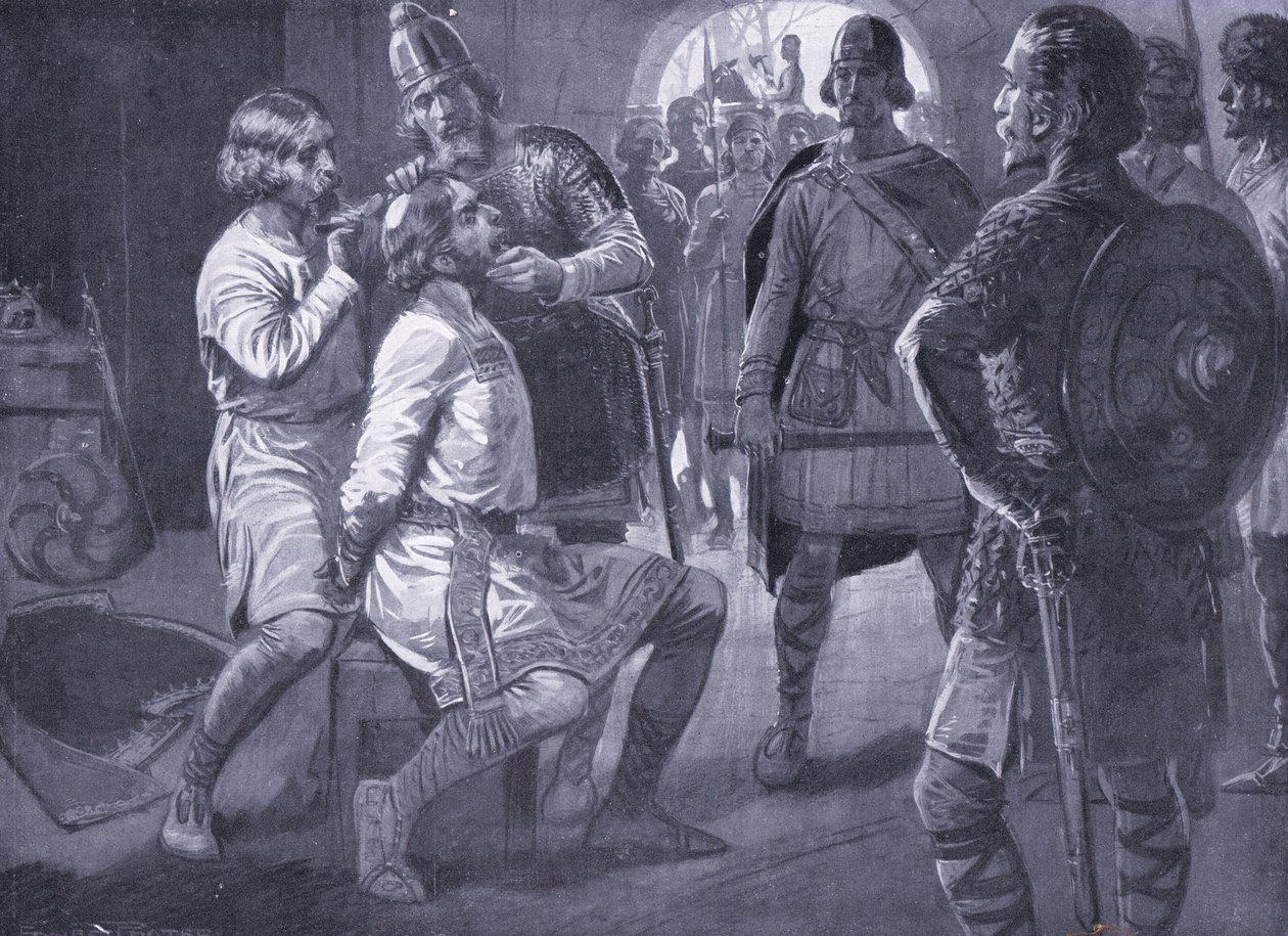 Ceowulf, King of Northumbria, being forcibly shorn AD731 by Ernest Prater
