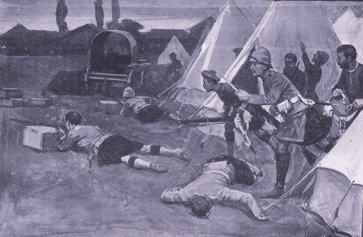 The attack on the British camp in the market place of Jacobsdal (illustration from After Pretoria: The Guerilla War, 1902) by Ernest Prater
