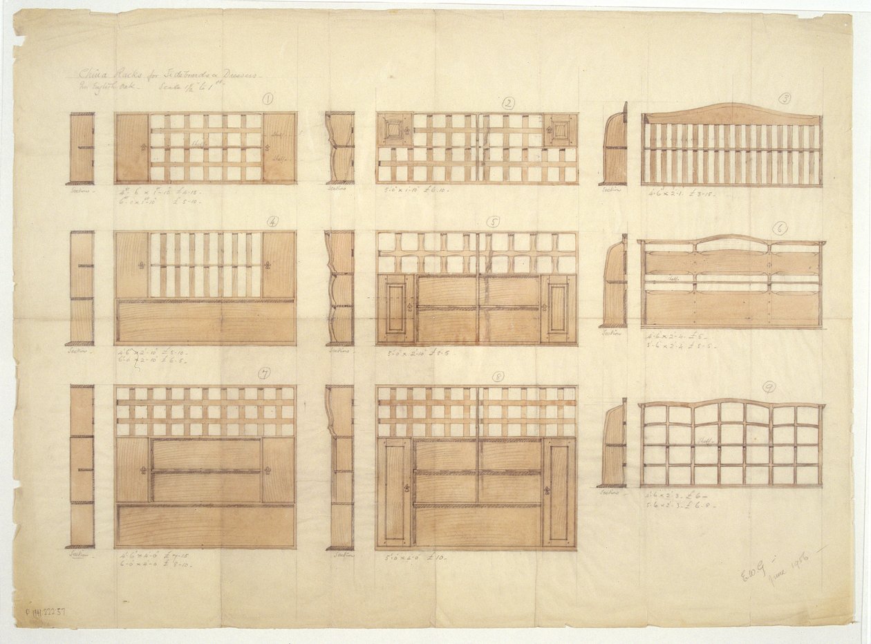 Designs for China Racks, Sideboards and Dressers in English Oak by Ernest William Gimson