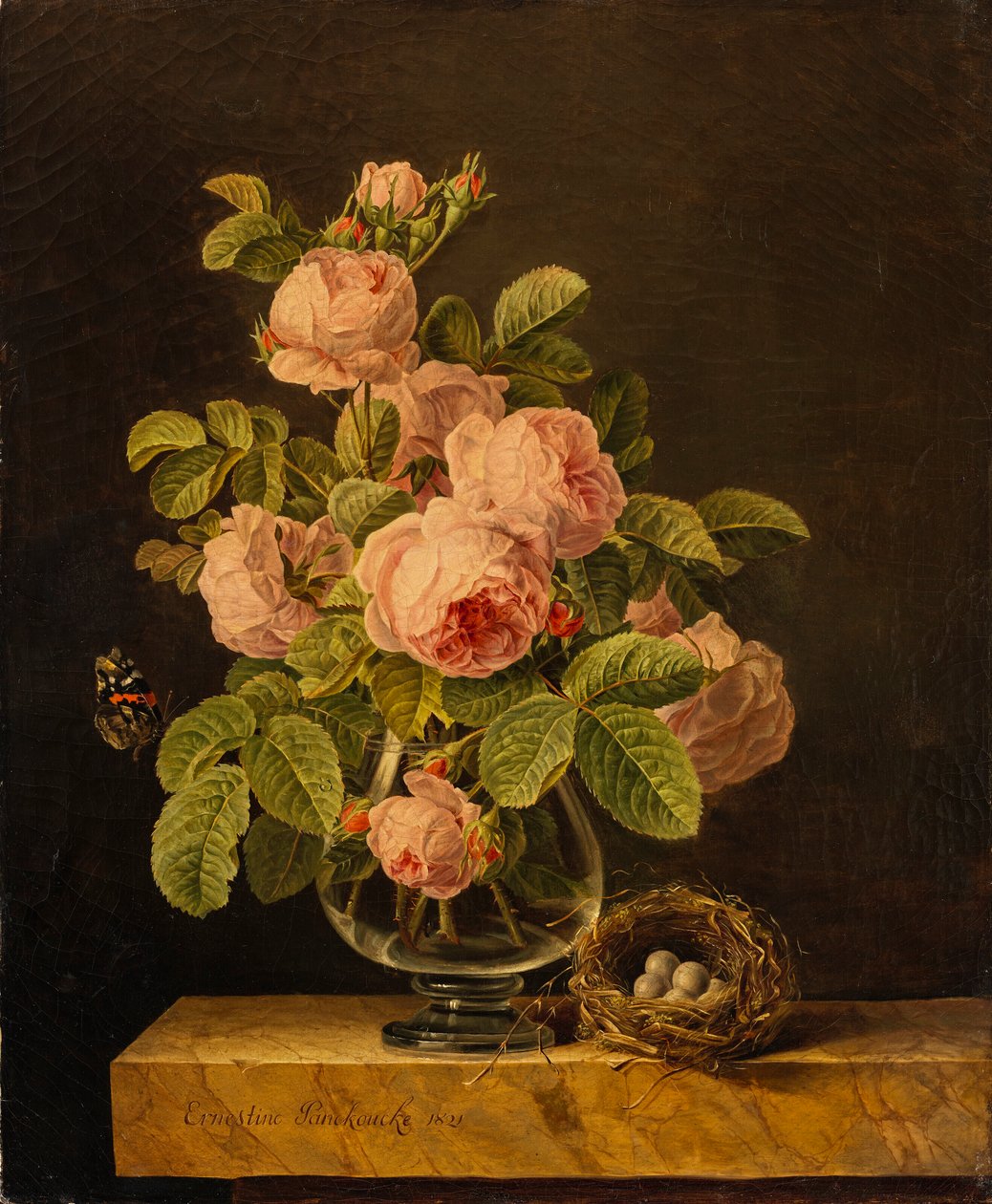 A Vase of Roses with a Butterfly and a Nest on a Ledge by Ernestine Panckoucke