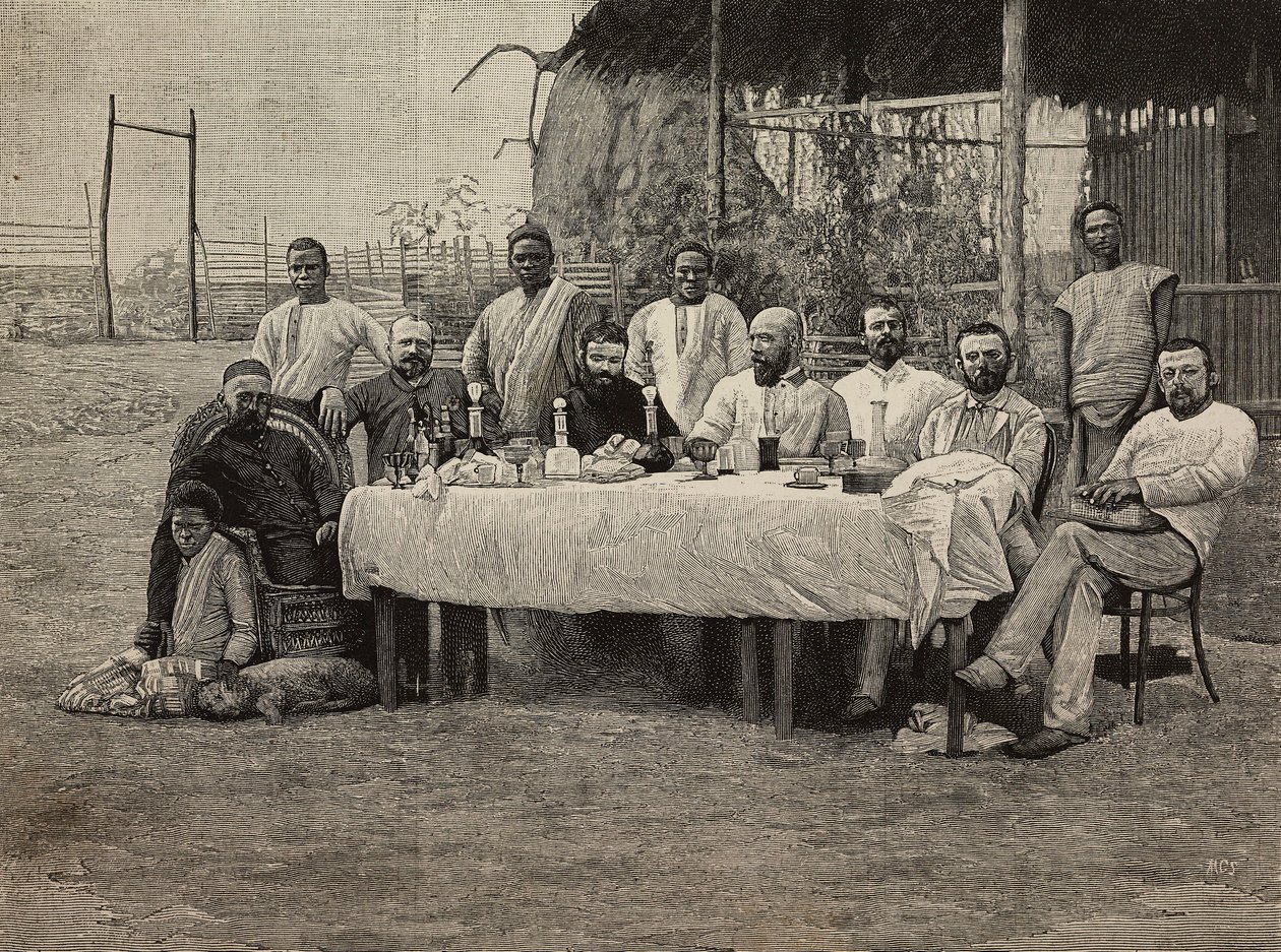 Anti-slavery society banquet at Italian consulate in Boma, Democratic Republic of Congo (engraving by Ernesto Mancastropa from photograph by Giuseppe Corona) by Ernesto Mancastroppa