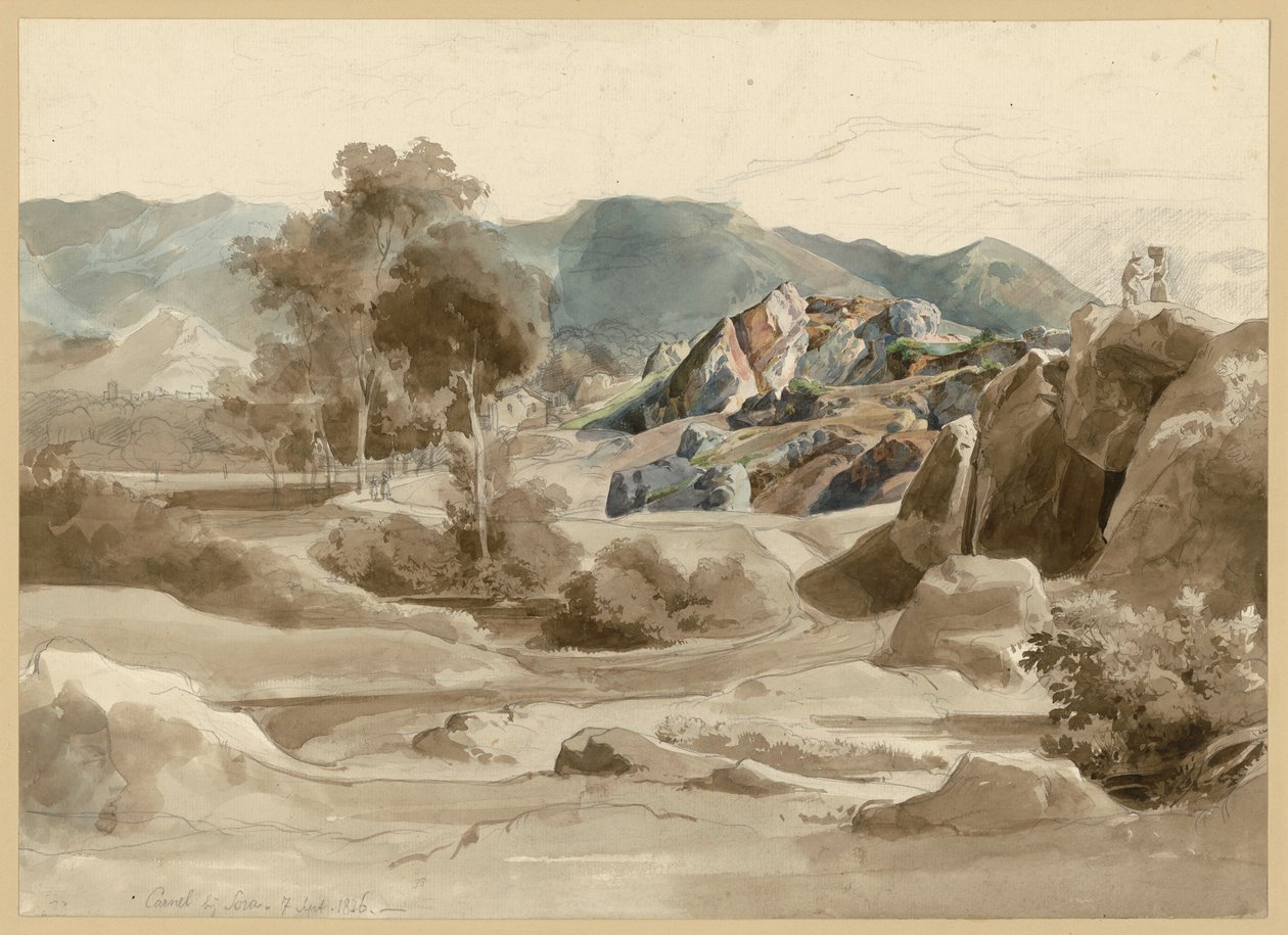 Italian Landscape with Stream, Trees, and a House by the Road and Rugged Rock Formation. Camel near Sora by Ernst Fries