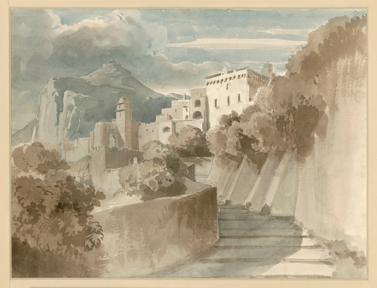 Motif from Subiaco. Group of Houses and Stairs, a Mountain in the Background by Ernst Fries