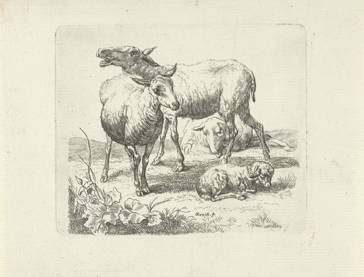 Three Sheep and a Lamb in a Meadow by Ernst Ludwig Creite