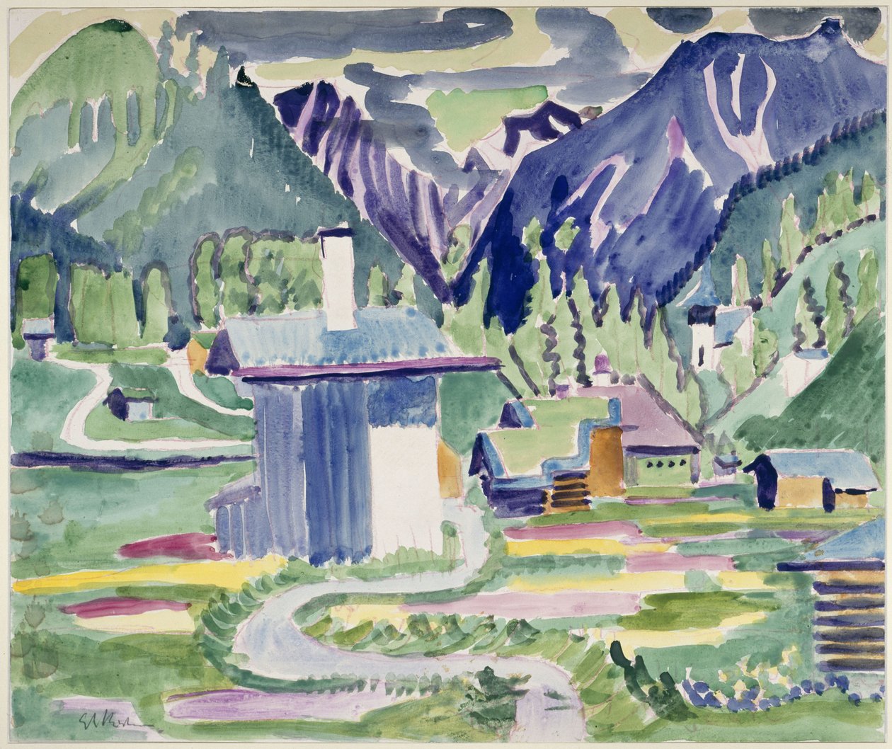 Houses in Islen, with View of the Church in Frauenkirch by Ernst Ludwig Kirchner