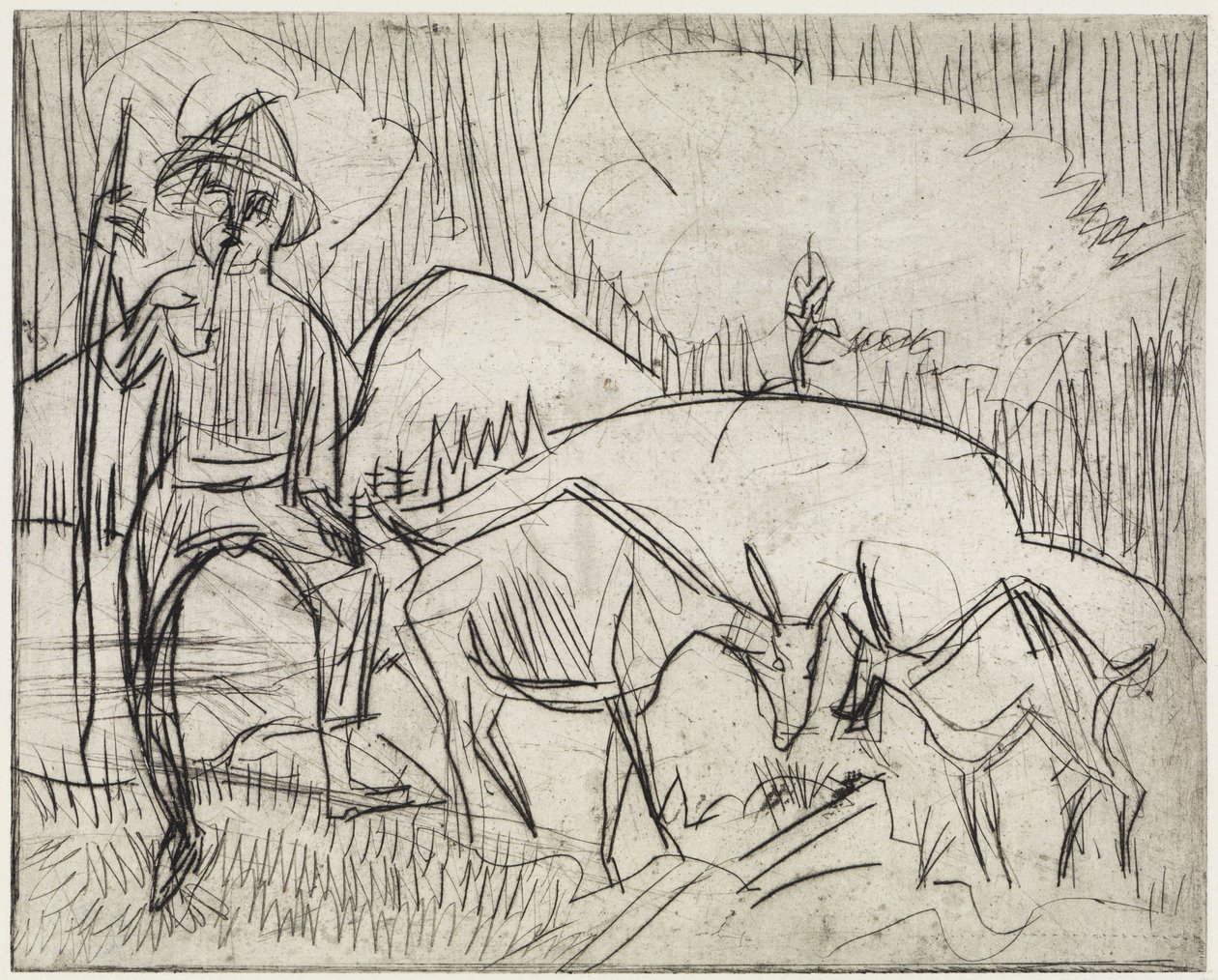 Shepherd with Goats / Hillside with People and Goats by Ernst Ludwig Kirchner