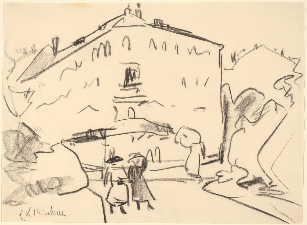Houses in Dresden with People Strolling by Ernst Ludwig Kirchner