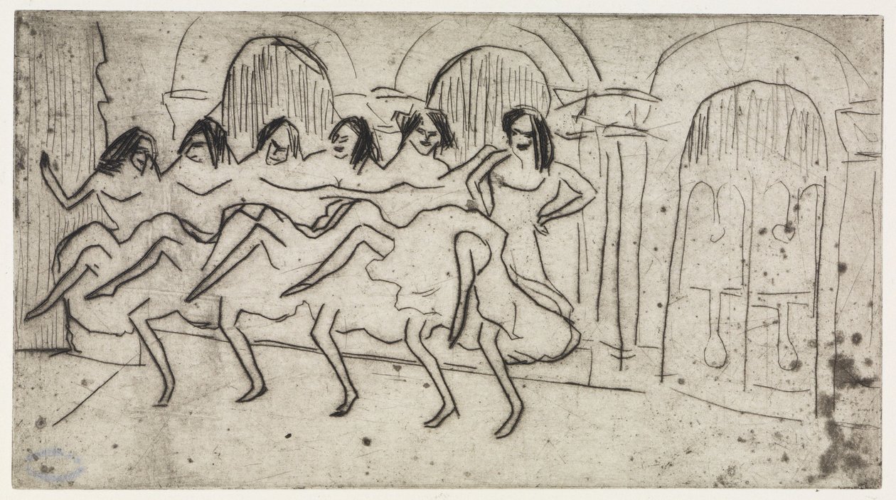 Reclining Lotte on Cushions / Six Dancers in Front of Arch Decoration - English Ensemble by Ernst Ludwig Kirchner