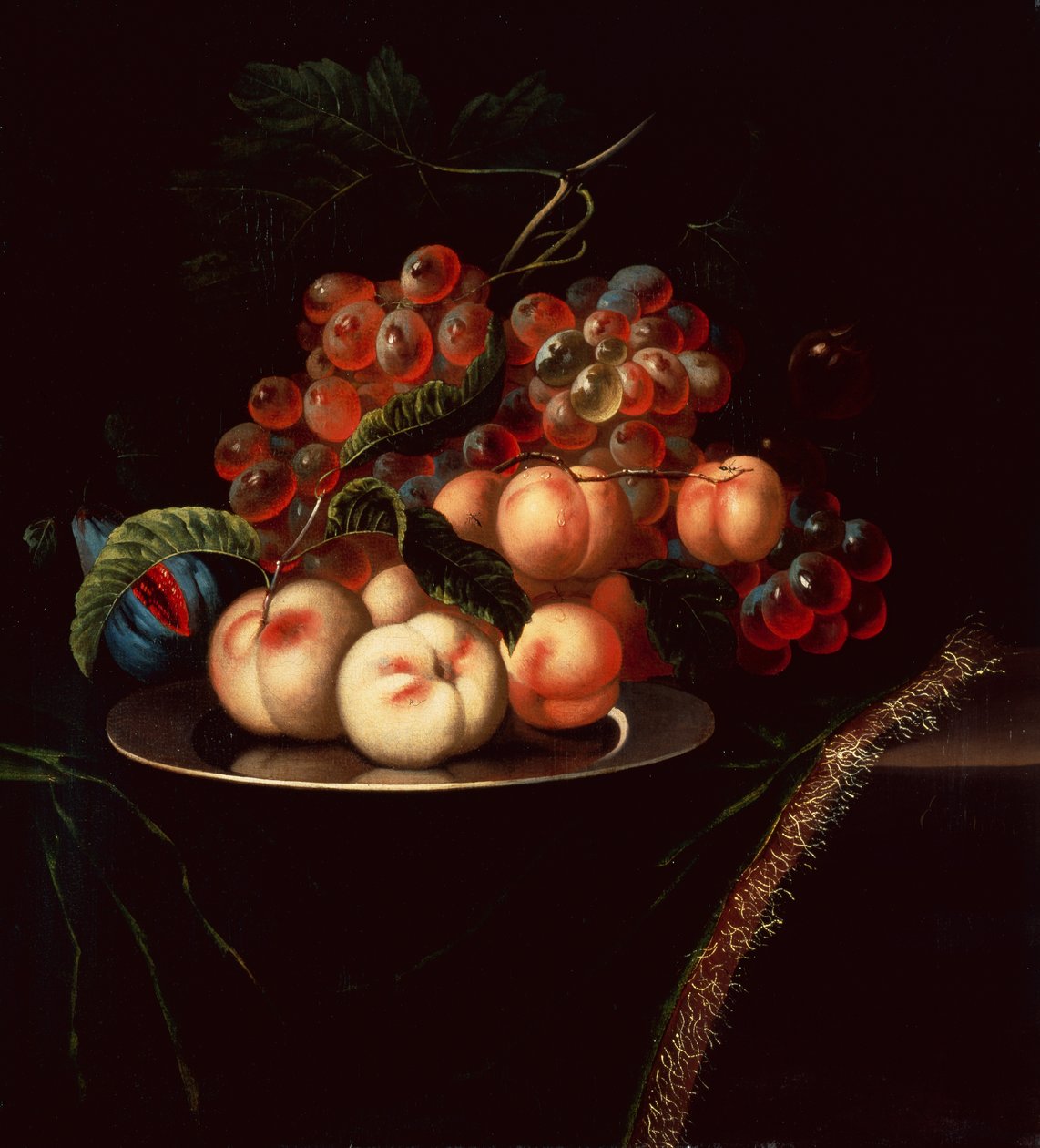 Peaches on a Pewter Plate with Grapes and a Fig on a Draped Ledge by Ernst Stuven
