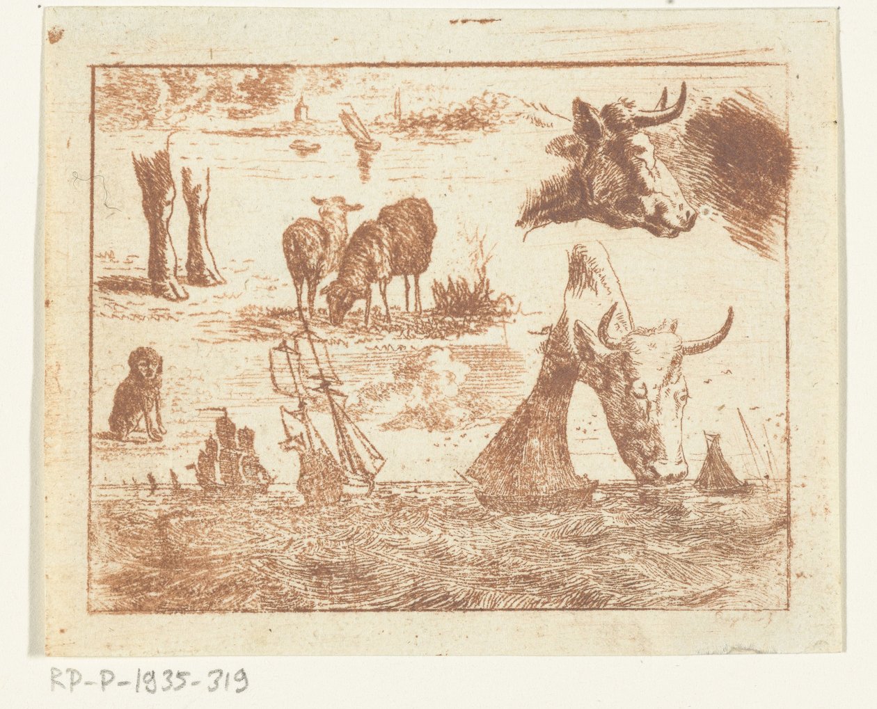 Study Sheet with a Seascape, Two Cow Heads, Sheep, a Dog, and Two Paws by Ernst Willem Jan Bagelaar