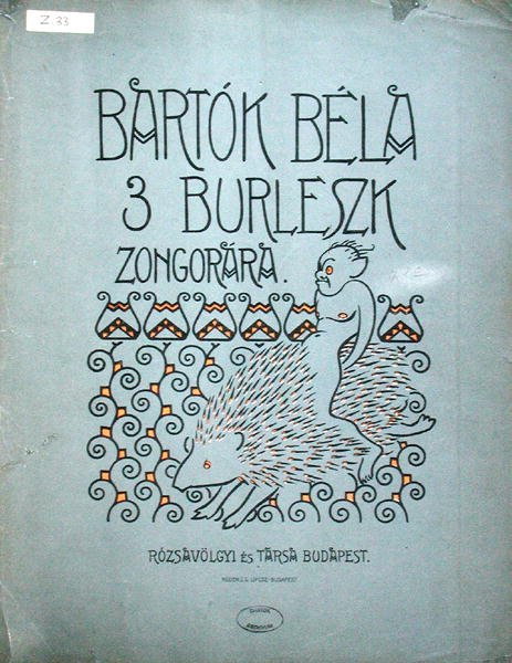 Front cover of a score for three burlesques for Piano by Bela Bartok (1912) by Ervin Voit