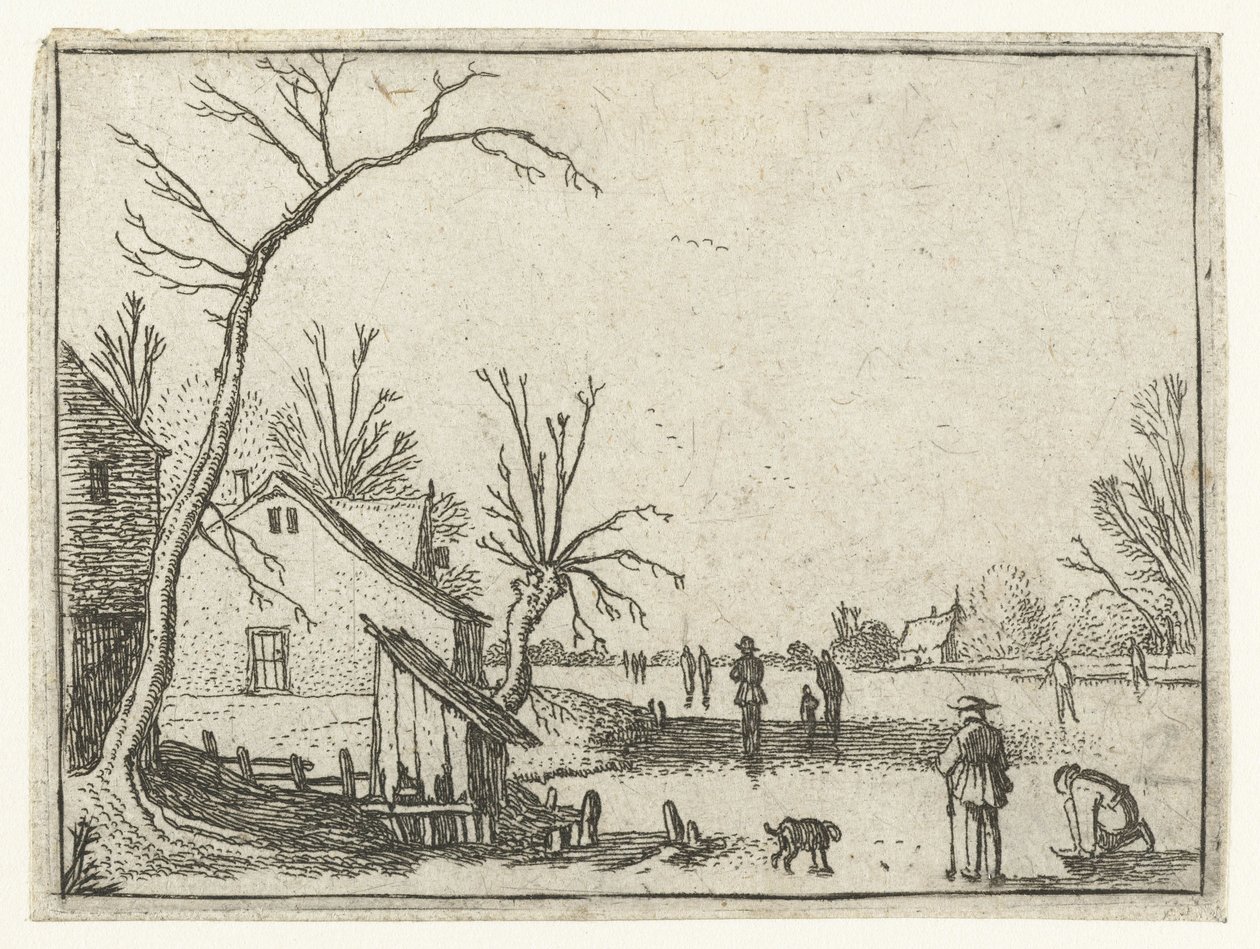 Farmhouse by Frozen River and Skaters on the Ice by Esaias van de Velde