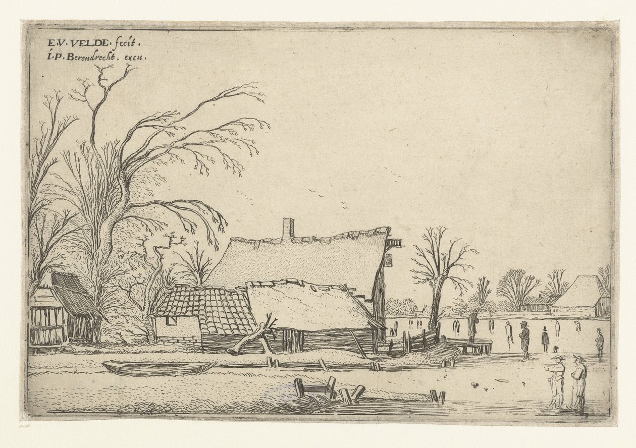 Farm by Frozen River with Skaters (Horizontal Landscapes) by Esaias van de Velde