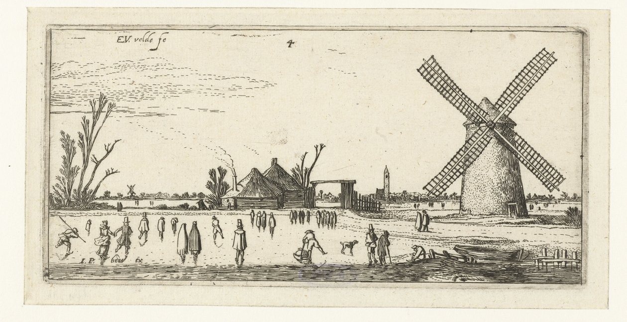 Skaters on the Ice Near a Mill in the Vicinity of Penningsveer, Landscapes (series title) by Esaias van de Velde