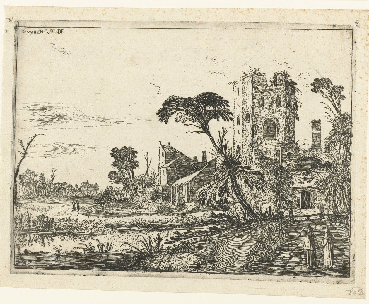 Two Monks on a Path by a Ruined Tower (Lying Landscapes series) by Esaias van de Velde