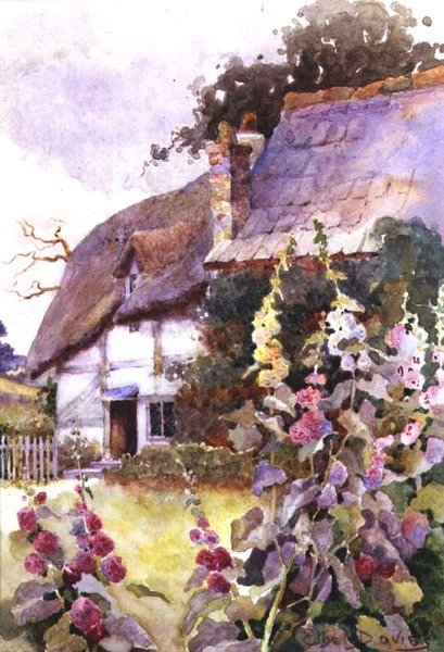 Hollyhocks Outside a Thatched Cottage by Ethel Davies