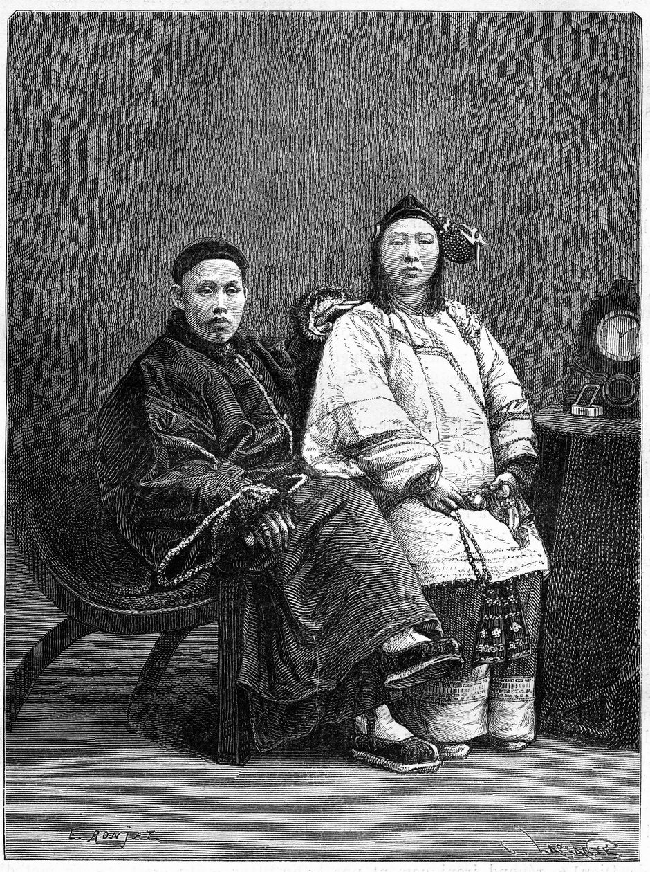 Couple of Chinese notables from San Francisco (United States) in the 19th century. Engraving after a drawing by Ronjat, after a photograph, in Le Tour du Monde, Nouveau journal des Voyages, edited by Edouard Charton, Paris by Etienne Antoine Eugene Ronjat
