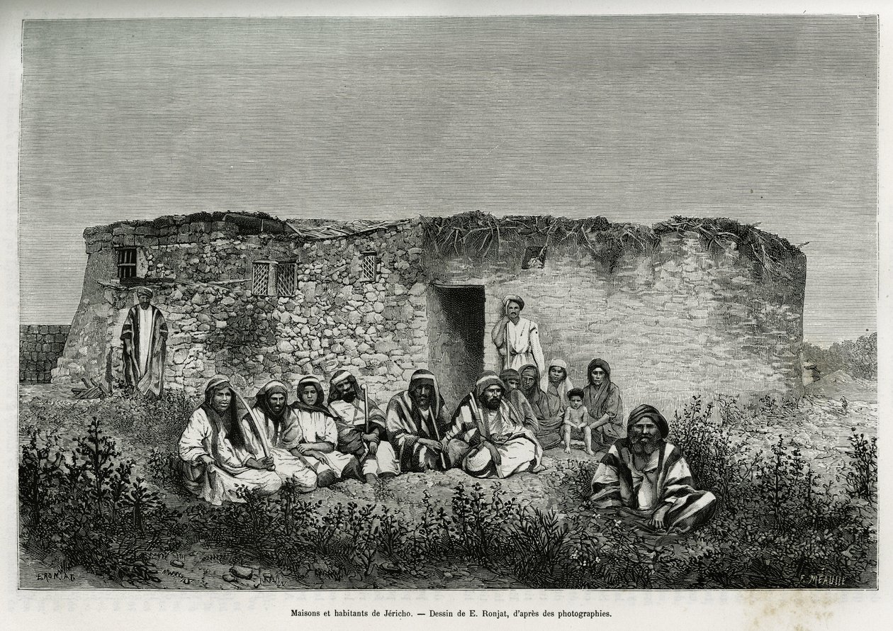 Houses and inhabitants of Jericho (West Bank). Engraving by E. Ronjat, to illustrate the story of Syria today, by M. Lortet, dean of the Faculty of Medicine of Lyon, charged with a scientific mission by the Ministry of Public Education, published in the To by Etienne Antoine Eugene Ronjat