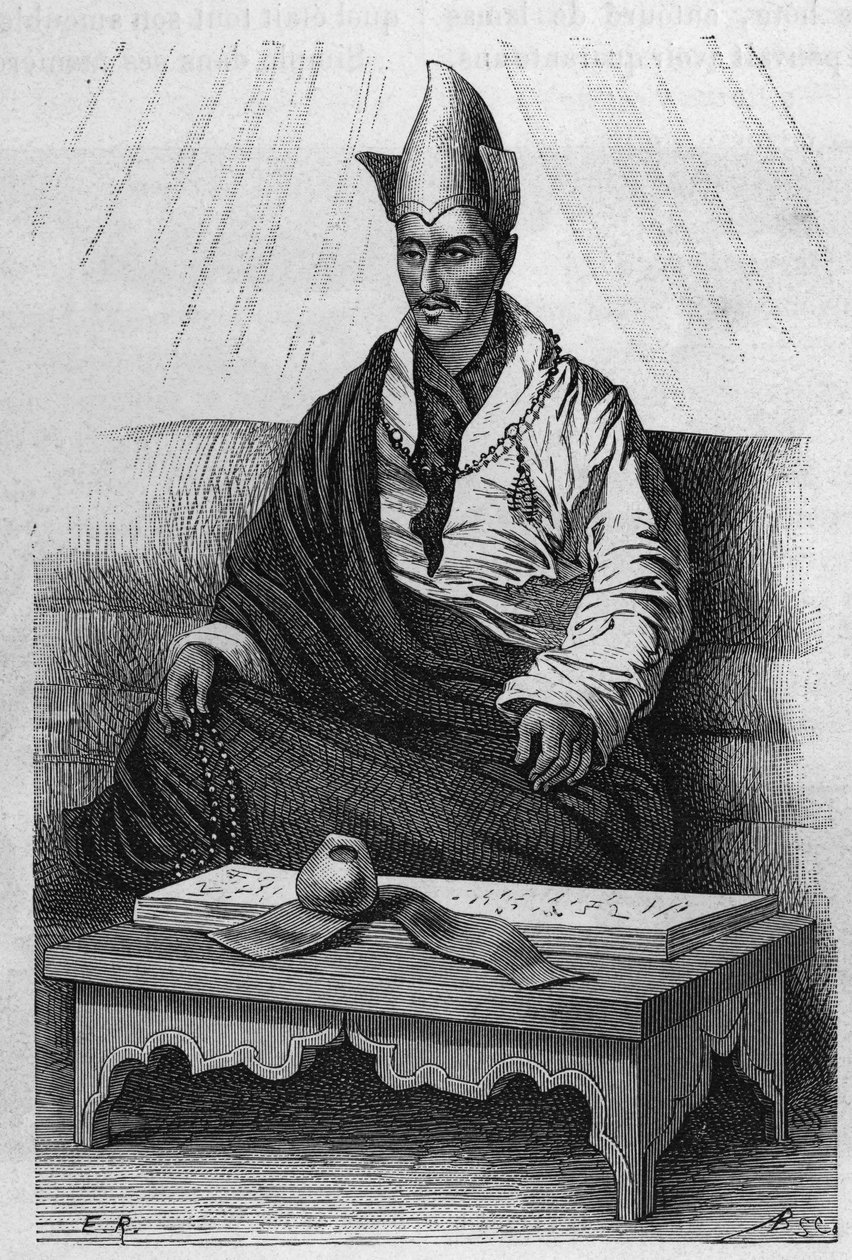 Portrait of Khutukcha, a high priest of Tibet in the years 1870-1880. Engraving after a drawing by Ronjat, in Le Tour du Monde, Nouveau journal des Voyages, edited by Edouard Charton, Paris by Etienne Antoine Eugene Ronjat