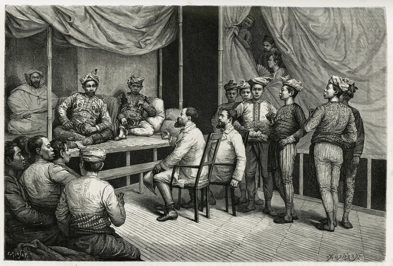 Reception of travelers at the palace of the sultan of Soulou (or Sulu) (archipelago of the Philippines), Mohammed Yamalul Alam. Engraving by E.Ronjat, to illustrate the story 