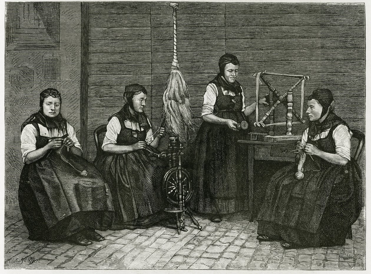 Sondernach spreaders, description of the different stages of spinning, hand, spindle and spindle. Engraving by E.Ronjat, to illustrate the story 